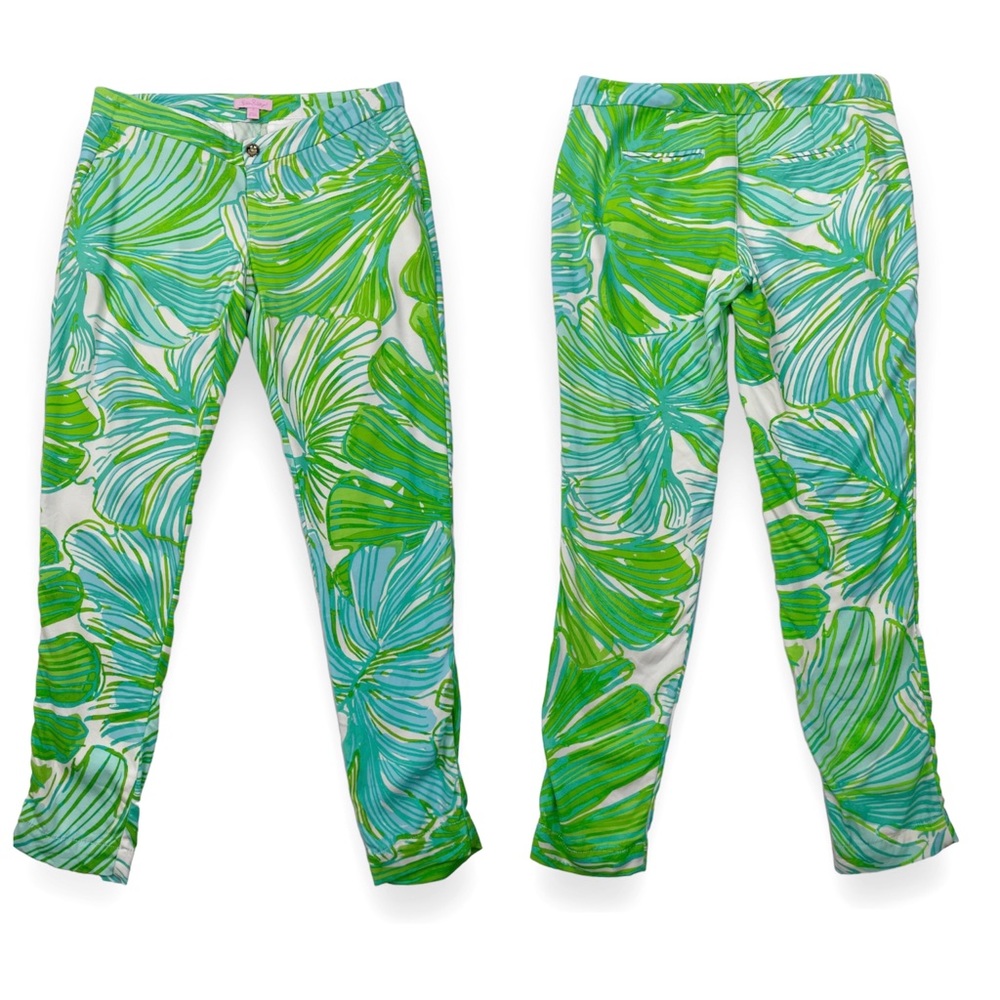 Lilly Pulitzer Tropical Leaf Print Straight Leg Pants Blue Green White Size 0